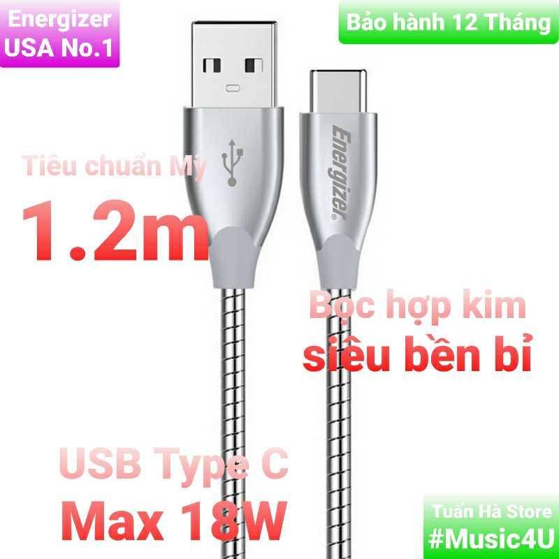 Dây cáp sạc nhanh Energizer USB Type C bọc dù lõi thép 18W siêu bền Tuấn Hà Store