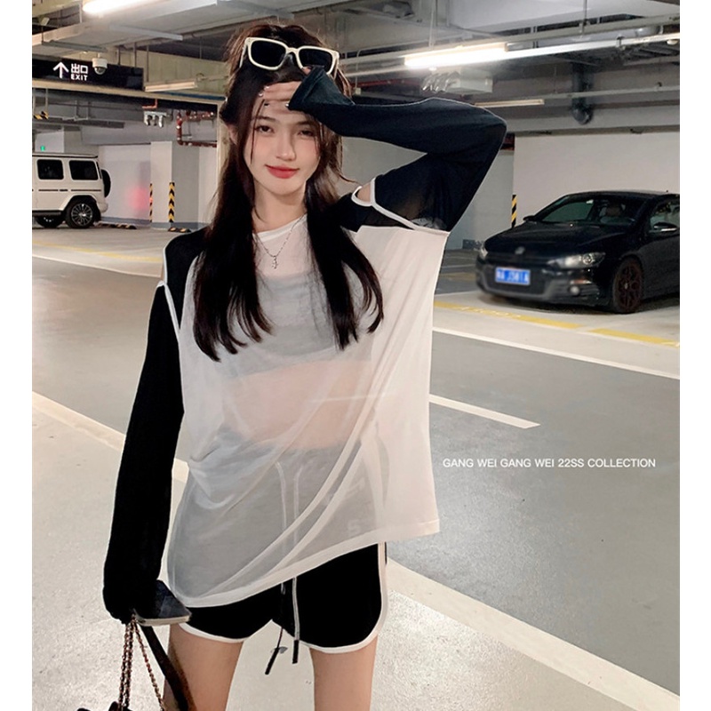 Áo Thun Tay Dài Dáng Rộng Hở Vai Phối Màu Tương Phản Thời Trang Mùa Hè Dành Cho