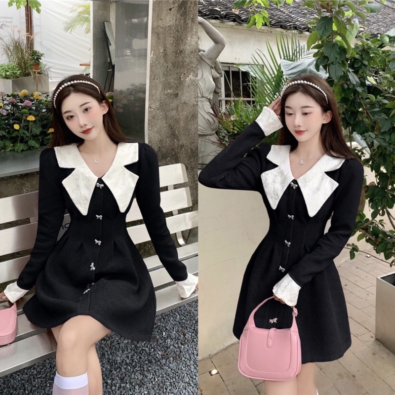 Váy nhung tăm hồng L cổ trắng hàng QC. Đầm tiểu thư xinh