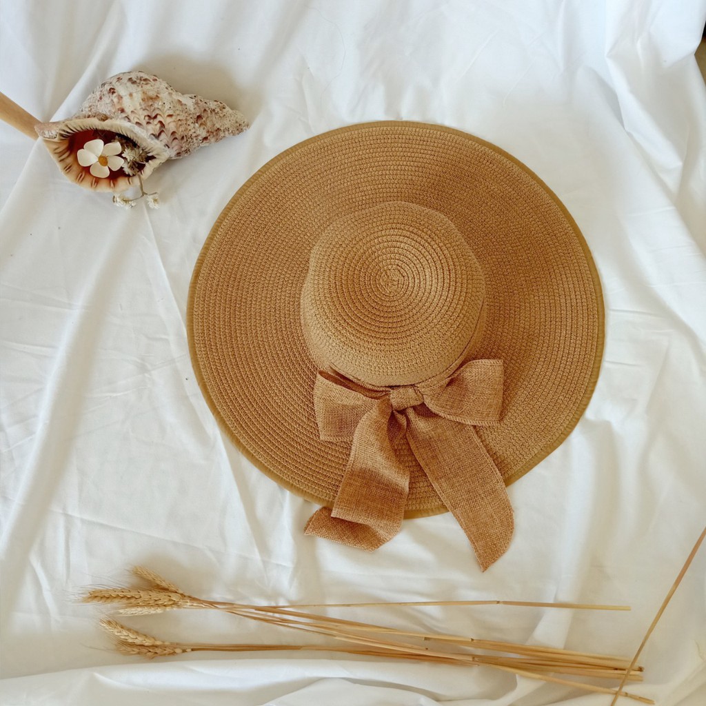 Nón cói, Mũ cói đi biển cho nữ, chất liệu mũ cói mềm phối nơ đẹp (hình chụp thật) -Q12-vành to nơ dài [Hoàn Xu]