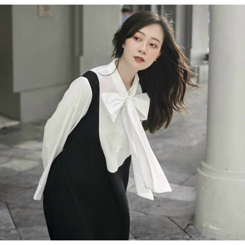 Sét áo sơ mi nơ bản to kèm váy suông TTN976