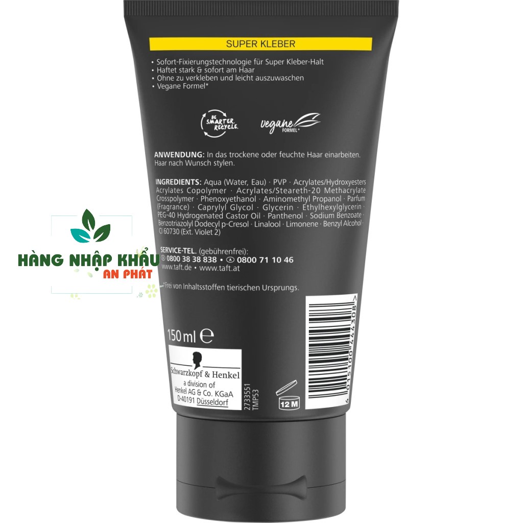 Keo vuốt tóc nam siêu cứng Taft Schwarzkopf Super Kleber 14, keo vuốt tóc nam giữ nếp tóc, 150 ml