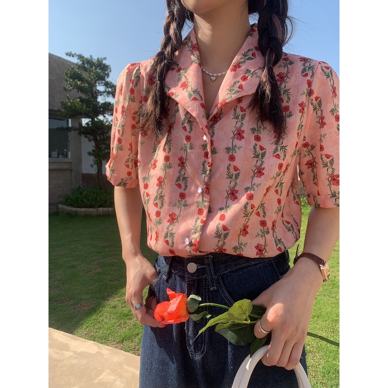 Áo Sơ Mi Tay Ngắn Họa Tiết Hoa Phong Cách retro Thời Trang Hàn Quốc Cho Nữ