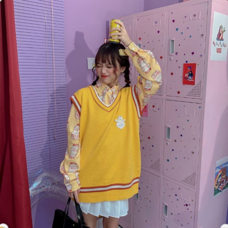 MỚI Áo len không tay cổ chữ V phong cách Hàn Quốc