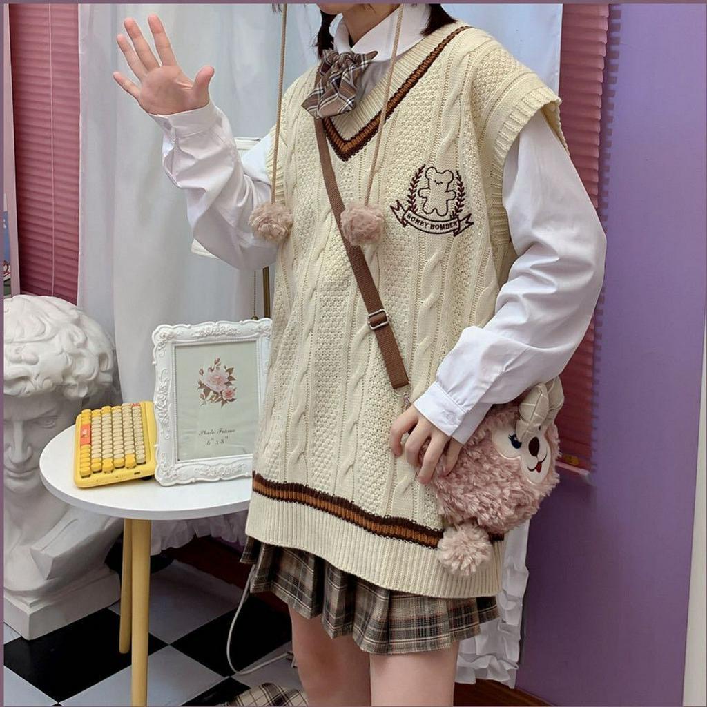 Áo ghi lê sinh viên không tay dáng rộng cổ chữ V phong cách Hàn Quốc dành cho nữ