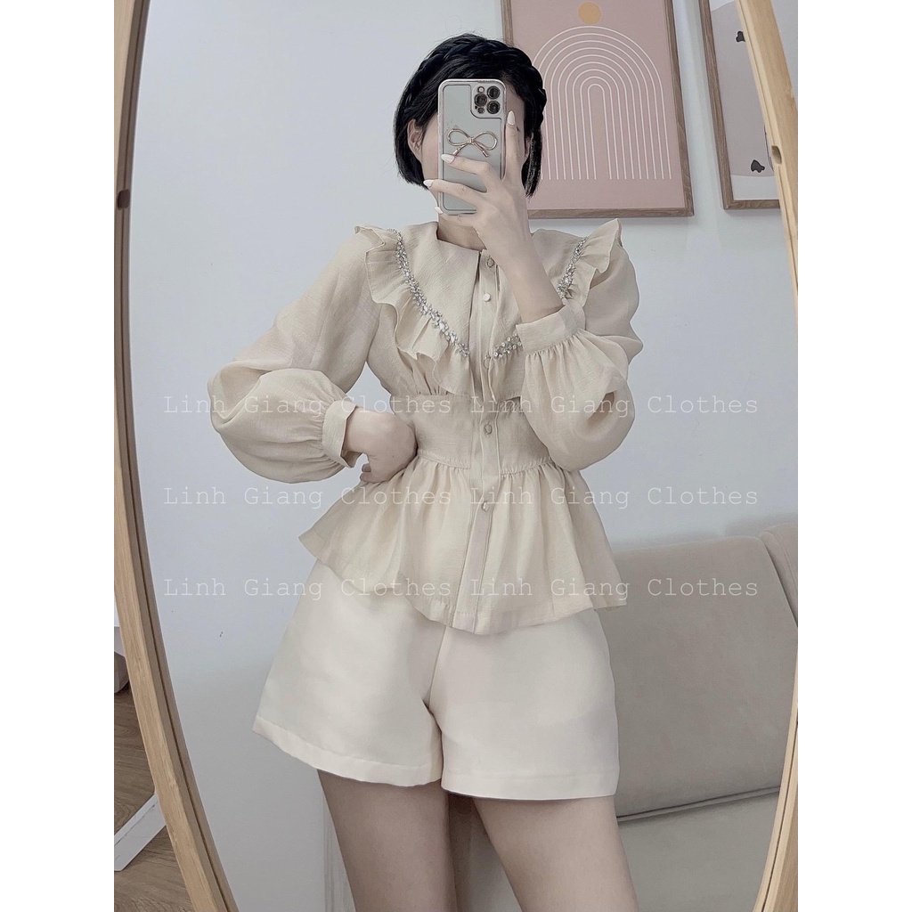 SET ÁO PEPLUM NUDE CỔ BÈO BO EO + SHORT
