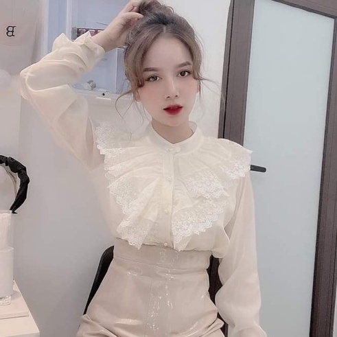 áo sơ mi kiểu tay phồng công sở đi học-Áo sơ mi nữ kiểu tiểu thư tay dài bánh bèo from rộng cổ trụ phối ren màu trắng -