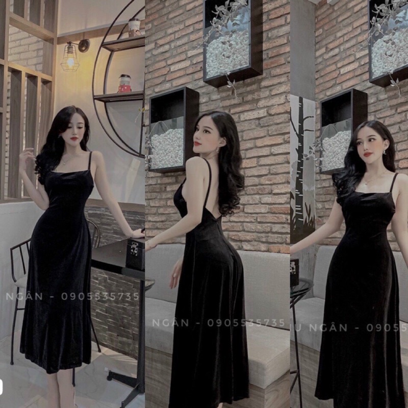 ĐẦM NHUNG 2 DÂY HỞ LƯNG DÁNG DÀITặng Kèm Áo thun ngẫu nhiên.