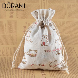 Túi dây rút vải bố linen mềm họa tiết mèo con cỡ nhỏ 10x14cm handmade tiện lợi - doramimi