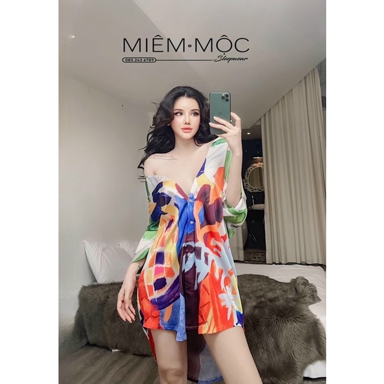 Đồ ngủ, váy ngủ mặc nhà cổ sơ mi lụa latin