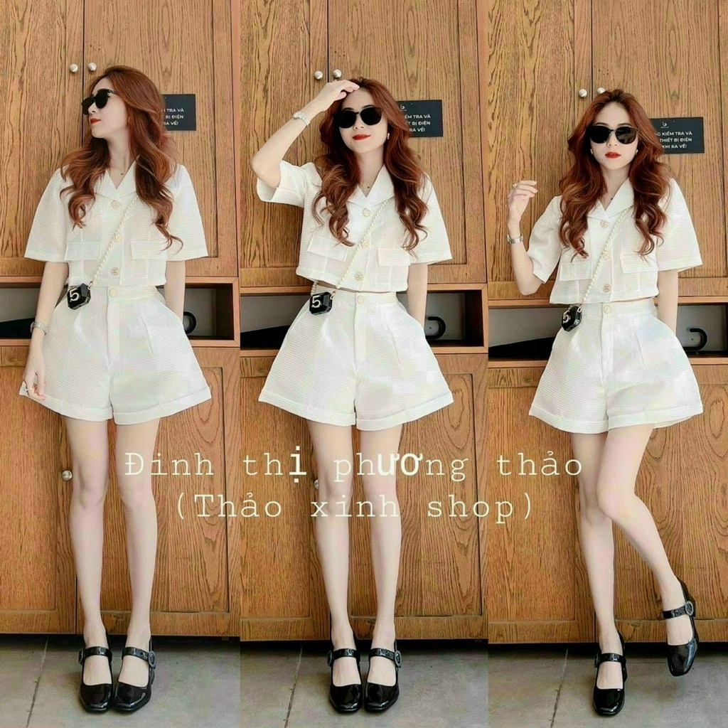 (FreeShip 2022) Sét bộ đùi nữ đi chơi,thiết kế áo from croptop cổ vest mix quần gập lai có túi,chất xốp thái hàng chuẩn
