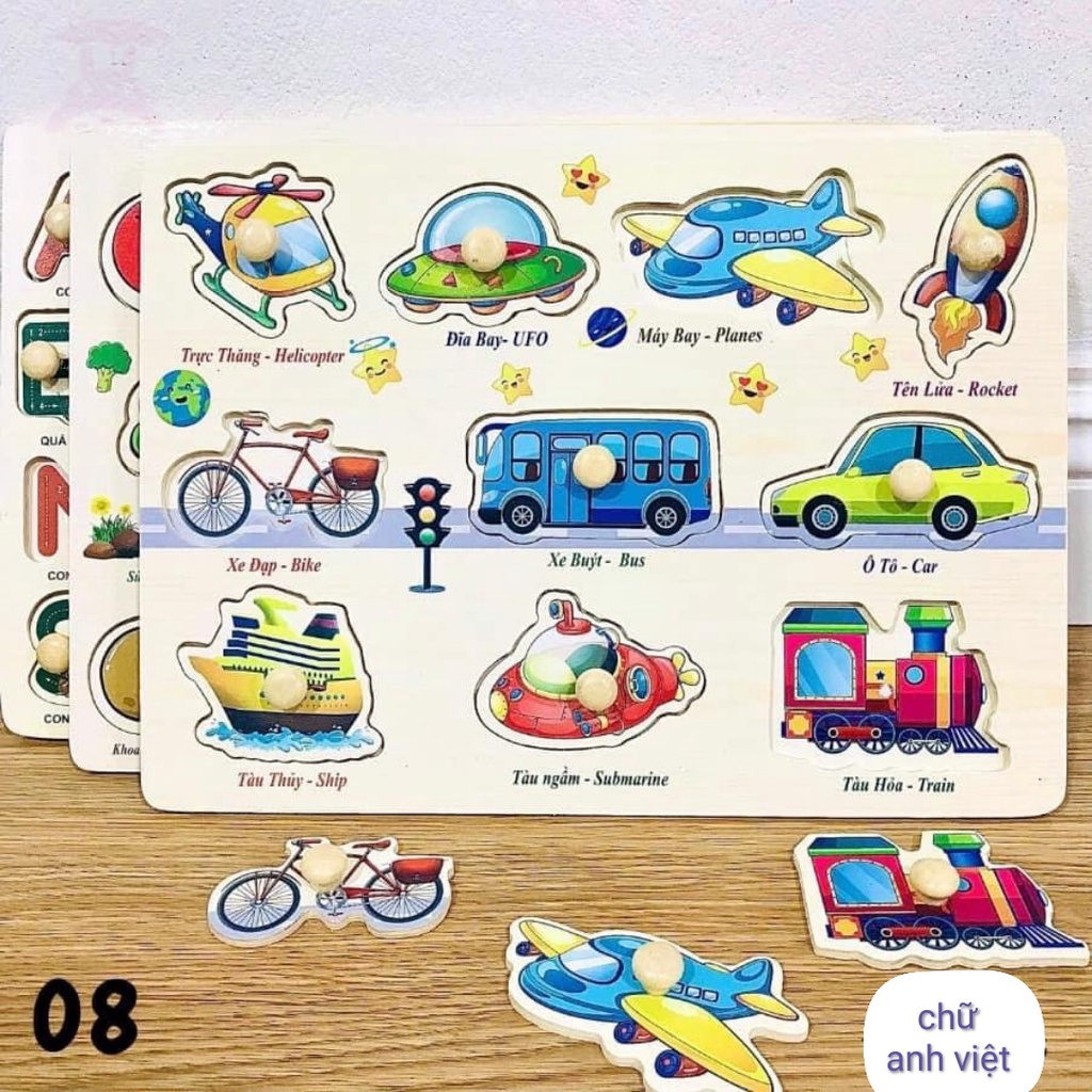 Bảng núm gỗ cho bé nhiều chủ đề, bảng ghép hình núm gỗ động vật, trái cây, chữ số giáo dục sớm phát triển trí tuệ
