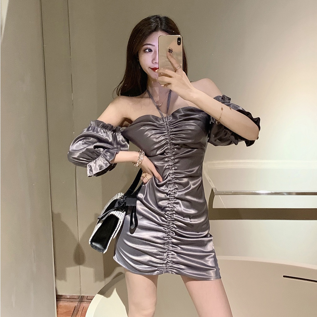 DUNEA Đầm Tay Phồng Phối Dây Rút Xếp Ly Phong Cách Pháp Trẻ Trung Cho Nữ