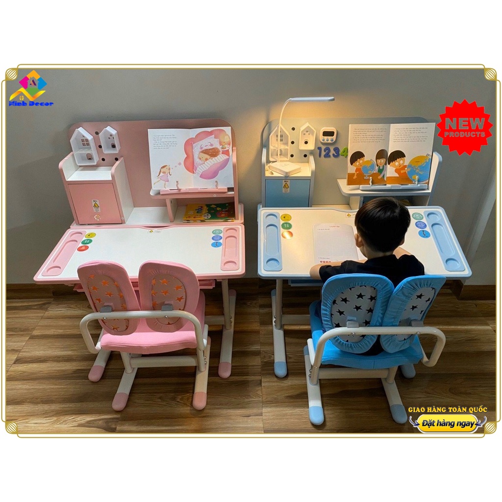 {CAO CẤP} Bộ bàn ghế học sinh chống gù chống cận có giá sách Tặng kèm Đồng hồ bấm giờ, có điều chỉnh nâng hạ độ cao .