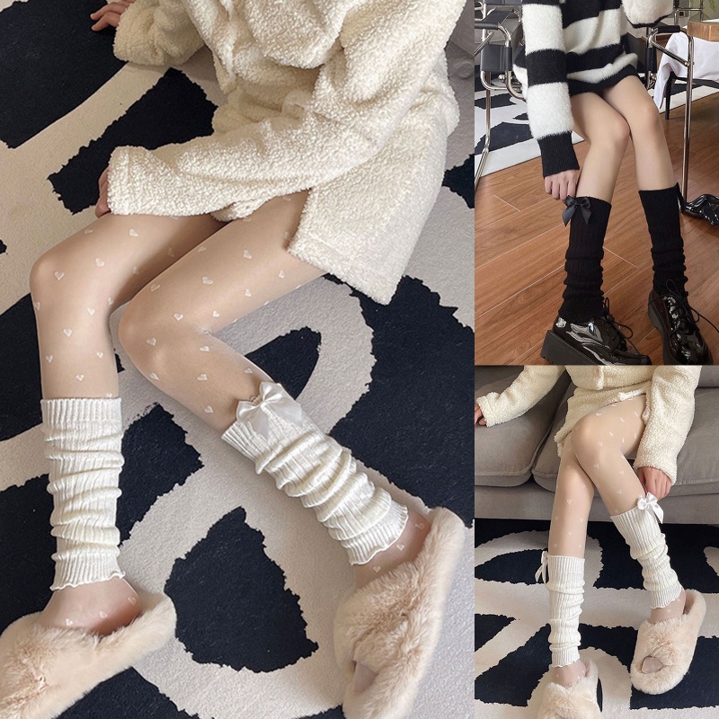 Đôi Bốt Len Ống Chân Giữ Ấm Đính Nơ Thời Trang Cho Nữ