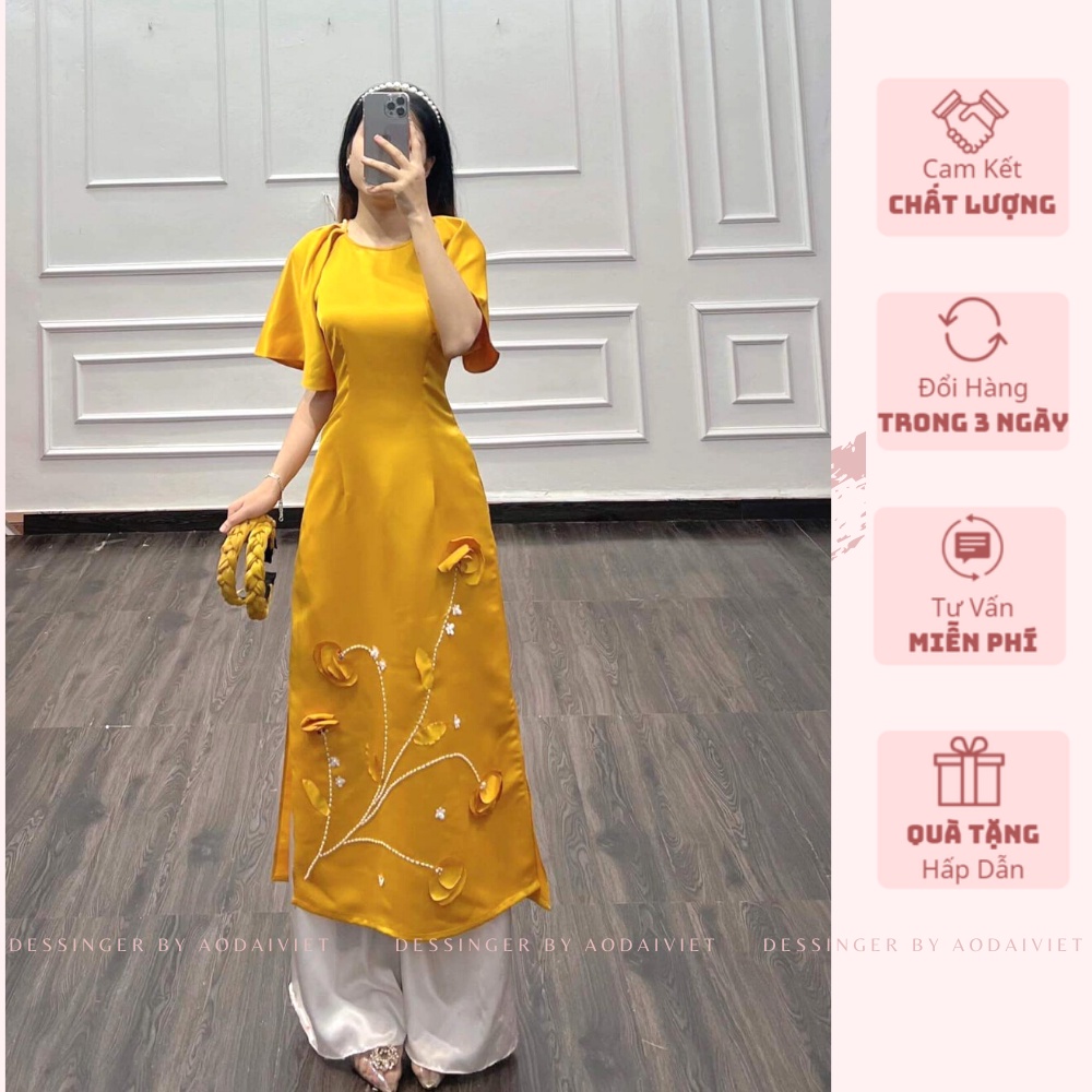 Áo Dài cách tân vải gấm tatta đỏ + vàng , áo dài vai bồng thêu hoa nổi  nhẹ nhàng