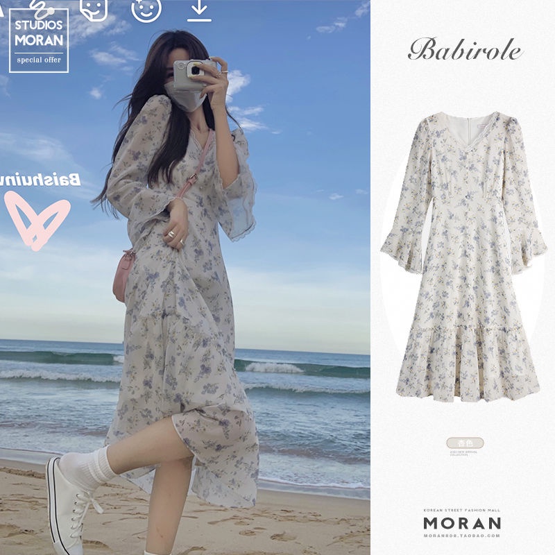 Đầm Chiffon Họa Tiết Hoa Phong Cách Pháp Cổ Điển Mẫu Mới 2022 Thời Trang Cho Nữ