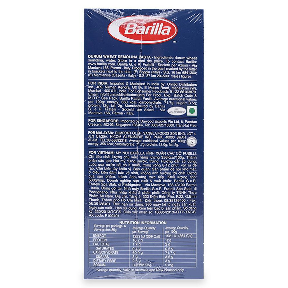 Mì Nui Barilla Fusilli / Penne Rigate 500gr