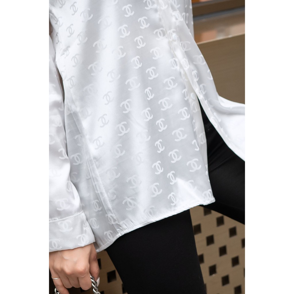 Áo sơ mi lụa trắng in họa tiết CN V015  LAMVYVU Thiết kế tạo nên sự thanh lịch, sang trọng nhưng đầy nét nữ tính