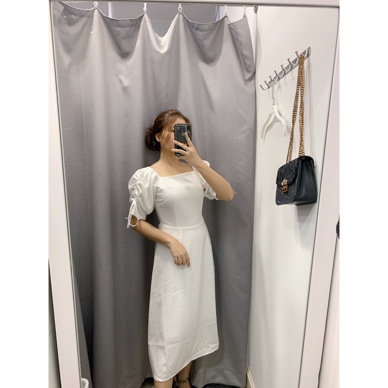 Đầm dài 2 lớp cổ vuông tay bánh mì rút nơ - Mama Dress | BigBuy360 - bigbuy360.vn