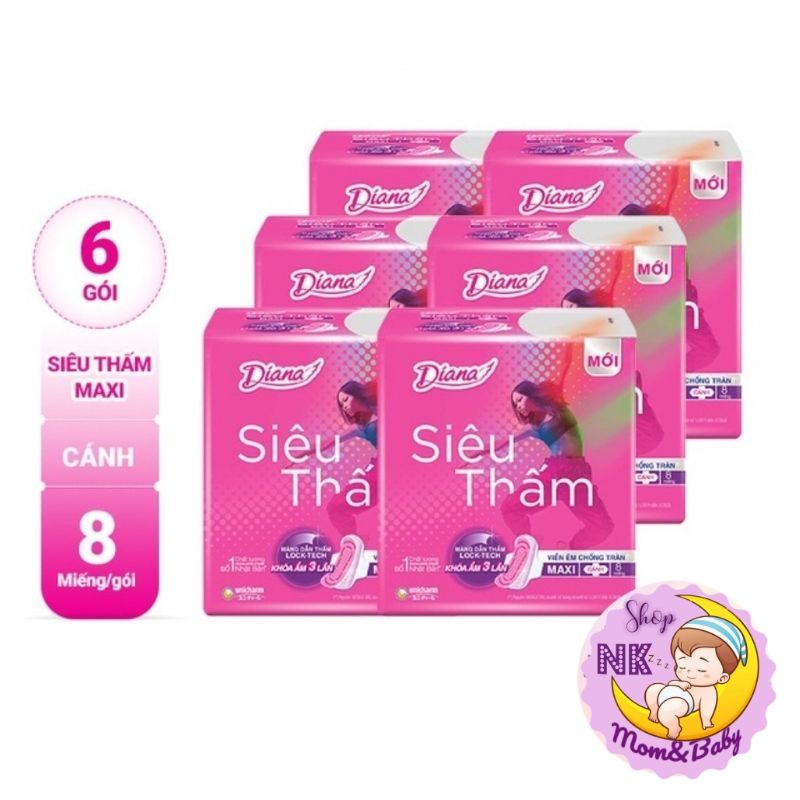 Bộ 6 gói băng vệ sinh Diana siêu thấm cánh Maxi 8 miếng/gói