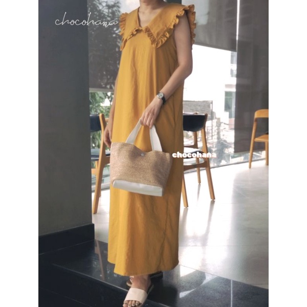 Chocohana Váy đầm màu vàng, form rộng, phong cách Hàn Quốc