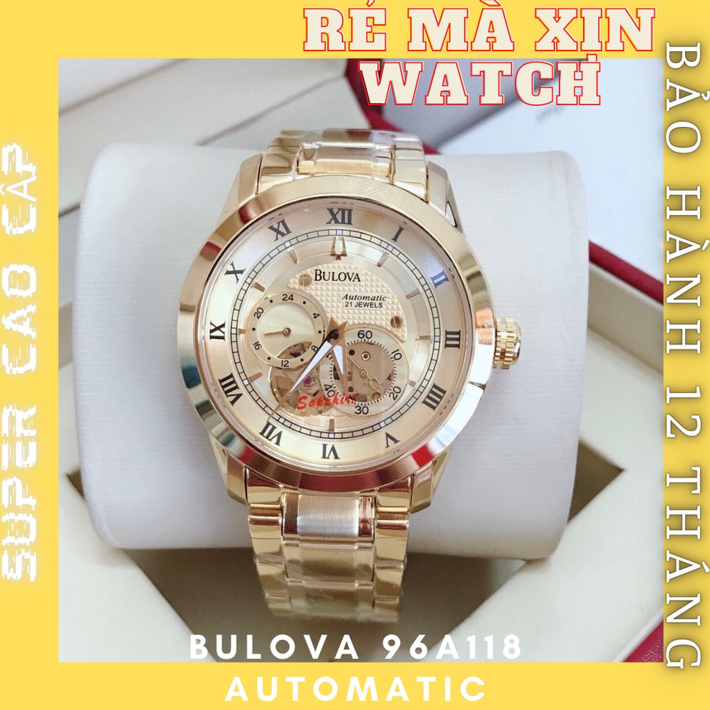 ĐỒNG HỒ NAM BULOVA MÁY CƠ 96A118 , DÂY THÉP MÀU VÀNG - GOLD , SIZE 42MM
