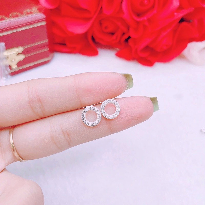 Khuyên Bạc Ta Đính Đá S925 Cao Cấp CaoBac Silver Tròn Rỗng Đá Đơn Giản, Dễ Thương Cho Bạn Gái Thanh Lịch
