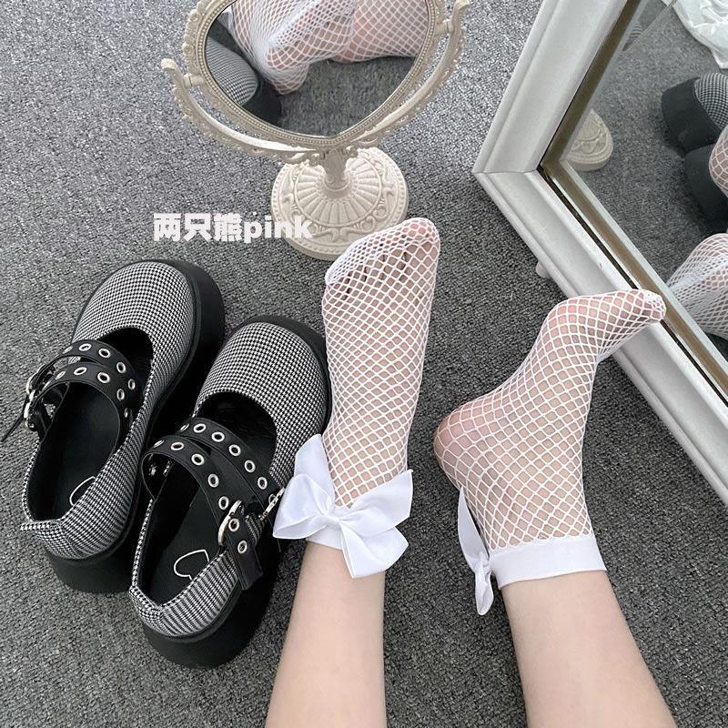 [Sỉ lẻ] Tất lưới, vớ lưới cổ chân ngắn Đính Nơ (có thể xoay mặt trước sau) phong cách thời trang Lolita Nhật Bản
