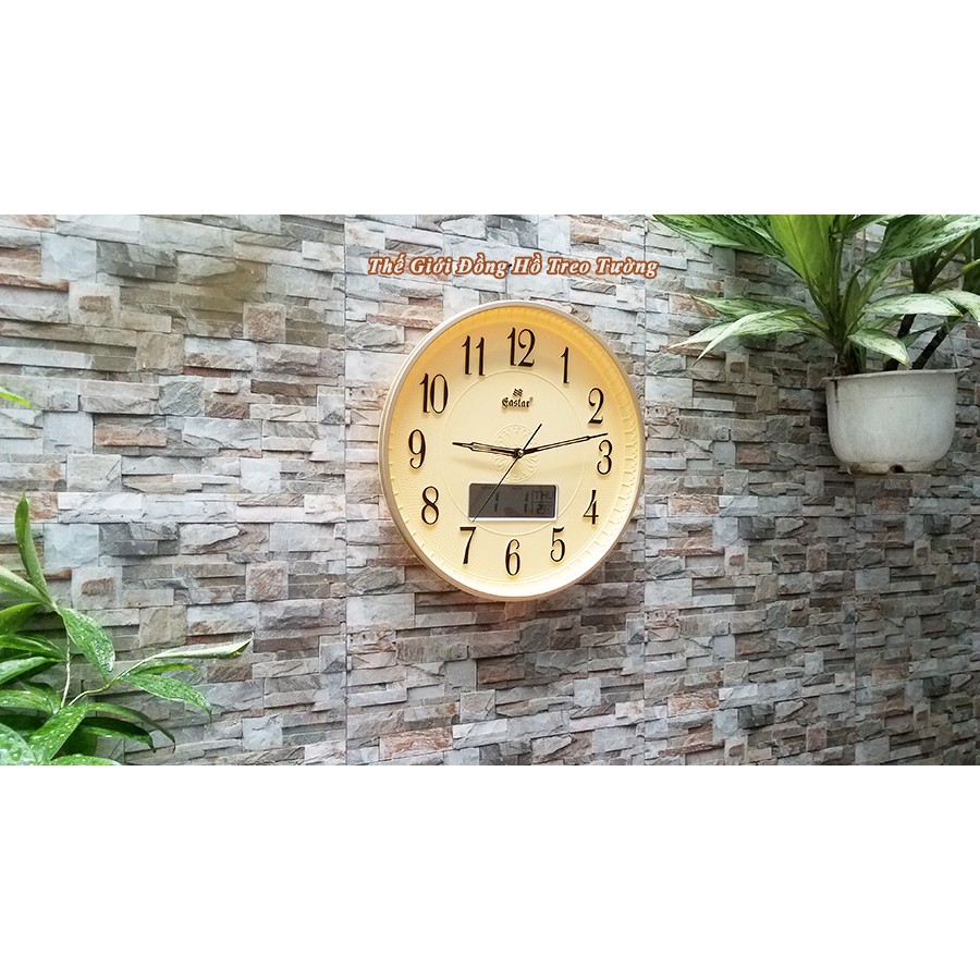 Đồng hồ Treo tường KIM TRÔI EASTAR có NHẠC GÕ Báo Giờ – LỊCH Vạn Niên và NHIỆT KẾ Điện tử – Tặng 4 Pin Maxell – Mặt Vàng