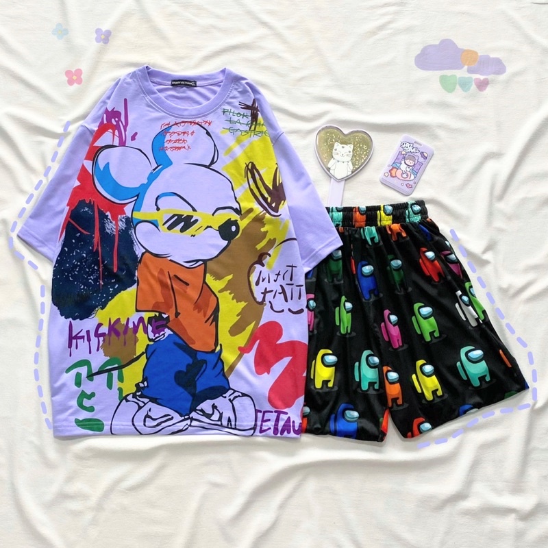 Set đồ bộ cartoon xinh xắn, quần short lửng cho nam nữ
