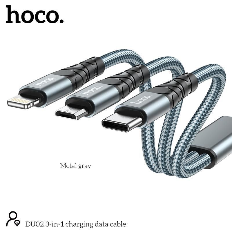 Cáp Sạc Nhanh 3 Đầu Hoco 3in1 DU02/Type C/Micro/IP Hỗ Trợ sạc nhanh 3.0A Vải Dù Chống Rồi Đầu Chống Gập