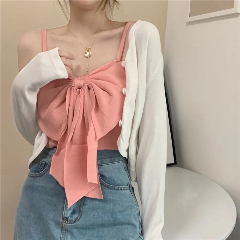 Áo Hai Dây Croptop Nơ To Nữ Màu Trắng, Xanh, Hồng Chất Mongtoghi Style Hàn Quốc Sexy Tiểu Thư Loại 1 Hàng Quảng Châu