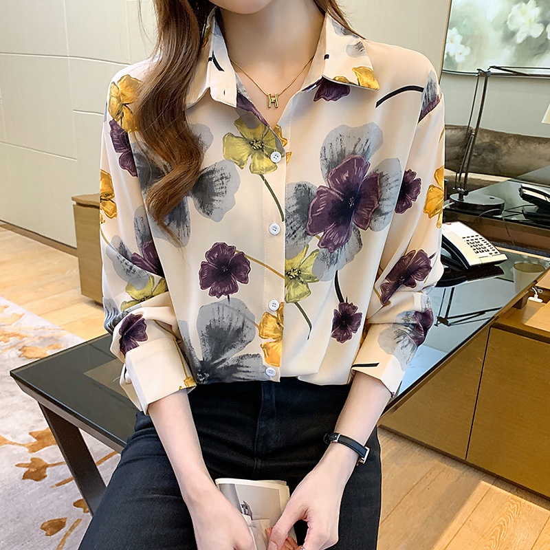 Áo Sơ Mi Chất Chiffon Tay Dài Hoạ Tiết Hoa Thời Trang Xuân Thu Cho Phái Nữ
