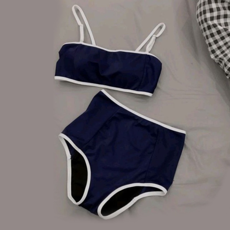Bikini Hai Mảnh Viền Trắng 2 Dây Quần Lưng Cao Kín Đáo Đồ Bơi Đi Biển Cao Cấp - Liluxu Store