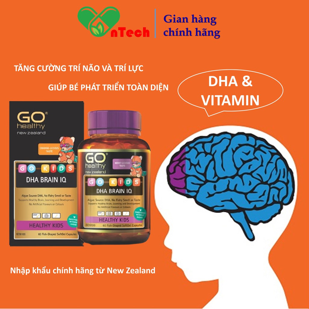 Bổ não Go Healthy DHA BRAIN IQ Tăng cường trí lực thị lực và hệ miễn dịch cho bé nhập khẩu New Zealand hộp 60 viên