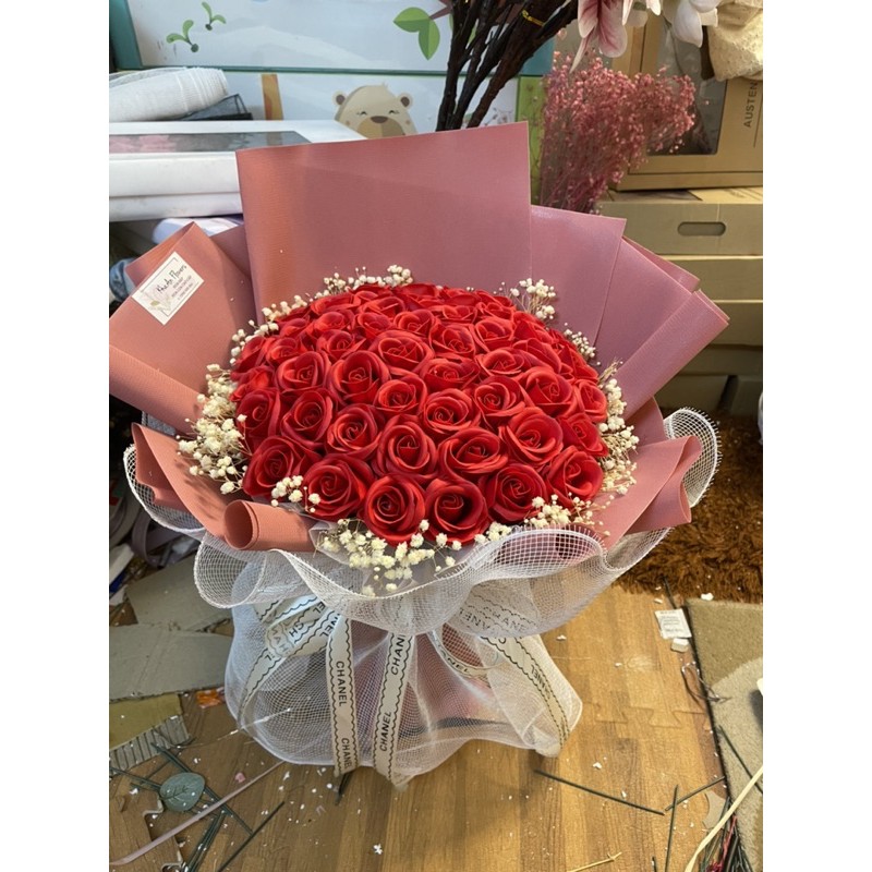 [Hoa sinh nhật - Có Nowship] Bó hoa sáp 4 lớp cao cấp 50bông mix Babi khô sang trọng, siêu đẹp. Ảnh độc quyền của Shop!