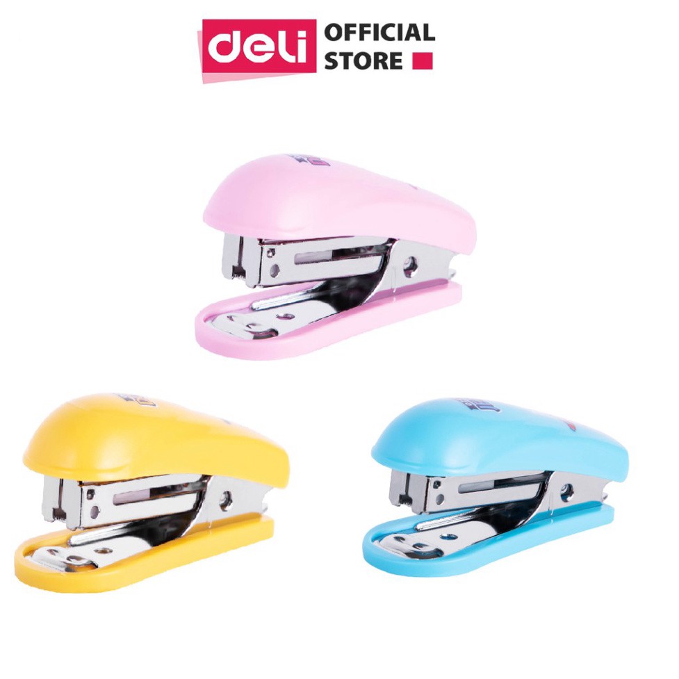 Dập ghim mini #10 Deli Superwings bao gồm hộp ghim Xanh - Hồng - Vàng E0249