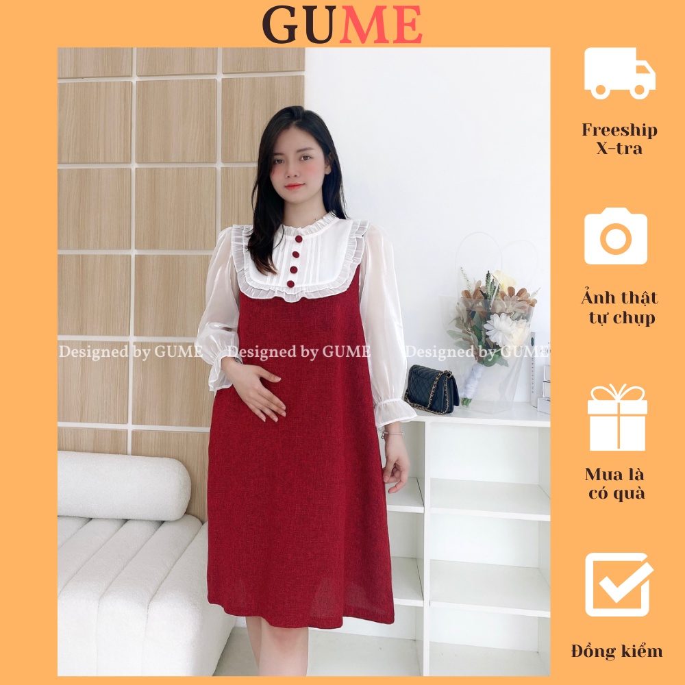 Váy bầu bigsize 40-100kg Vải dạ tăm cao cấp 2 lớp ĐỎ/ĐEN phối organza trắng, cổ bèo đính ngọc MB201)