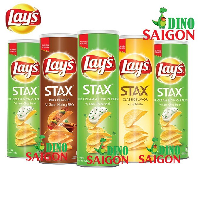 Combo 5 Hộp Bánh Snack Khoai Tây Lay's Stax Malaysia 160g Mix 3 Vị gồm 3 Kem Chua Hành + 1 Sườn BBQ + 1 Tự Nhiên