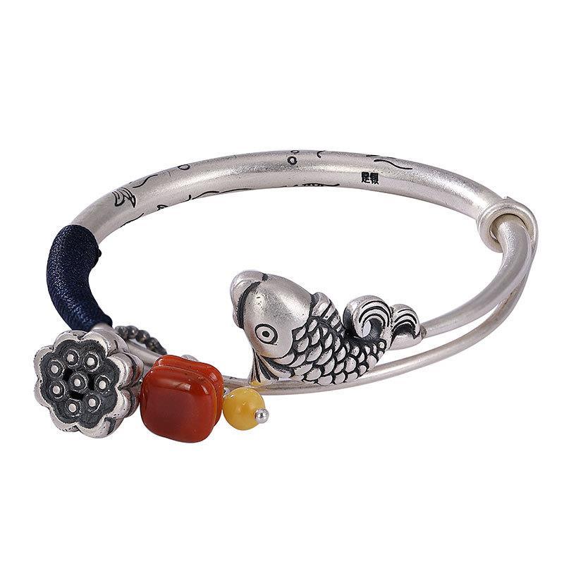 Love❤jewellery,S999 Silver Retro Lotus Carp Bracelet