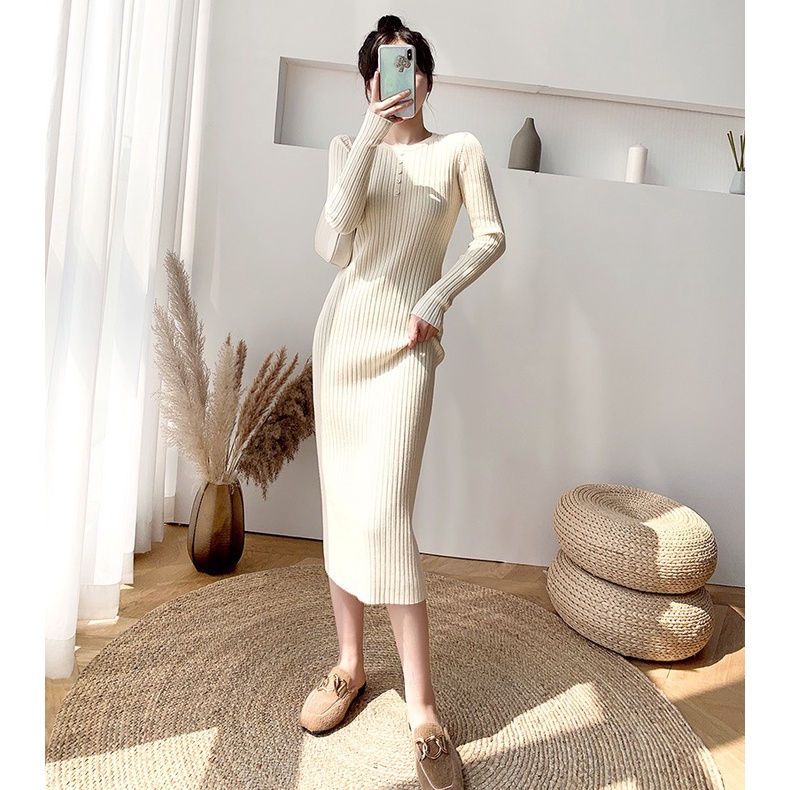 Váy len nữ tay dài fom rộng mẹ bầu | Đầm len nữ dáng dài thụng suông bigsize thu đông