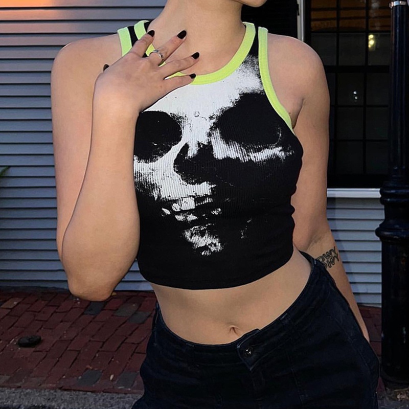 Brroa Áo Croptop Sát Nách In Hình Đầu Lâu Phối Màu Tương Phản Cá Tính Cho Nữ