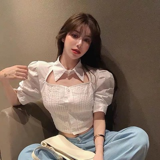 Áo croptop trắng tay phồng cổ giả sơmi phong cách chic ulzzang SAM SAM BOUTIQUE