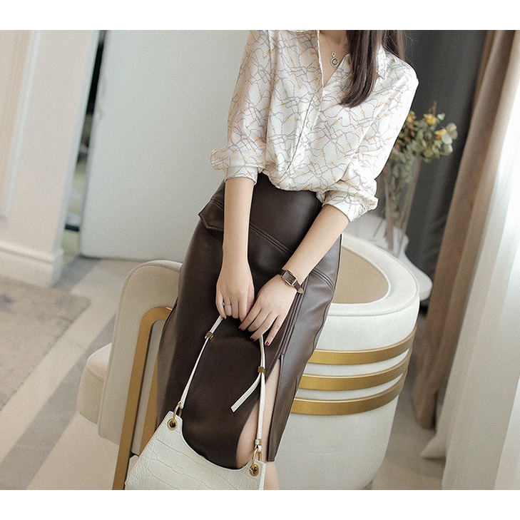 Chân váy da PU màu nâu mix khóa kéo