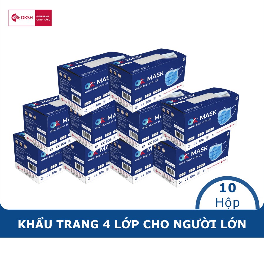 Combo 10 Hộp Khẩu Trang Y Tế Cao Cấp Ok Mask 4 Lớp, Đạt Chuẩn Kháng Khuẩn, Chất Liệu Mềm Mại