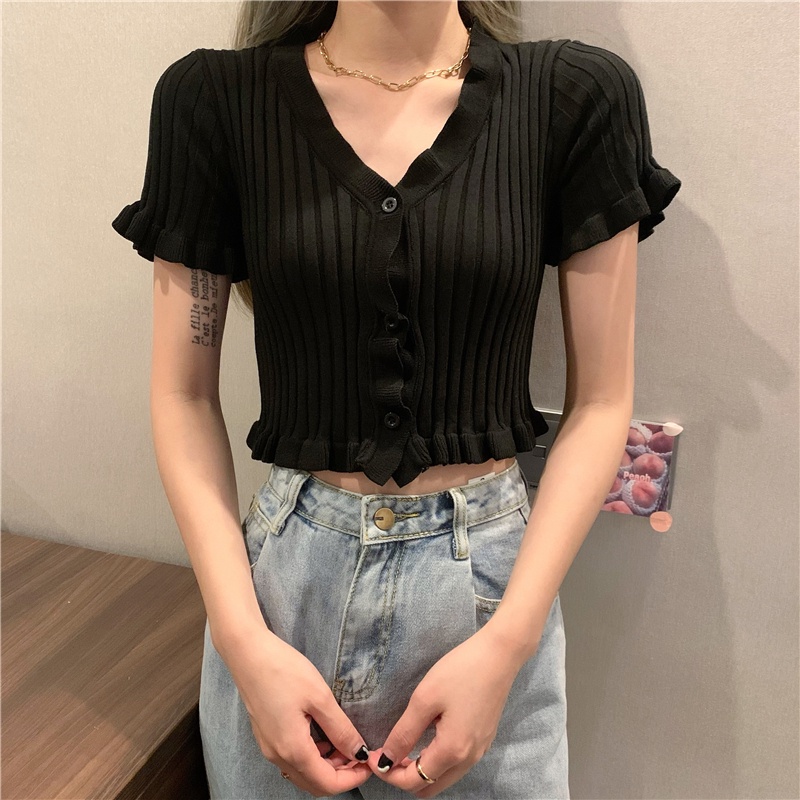 SUXI Mùa hè Mới Màu rắn dệt kim Áo thun nữ Áo phông cổ chữ V Áo ngắn gợi cảm