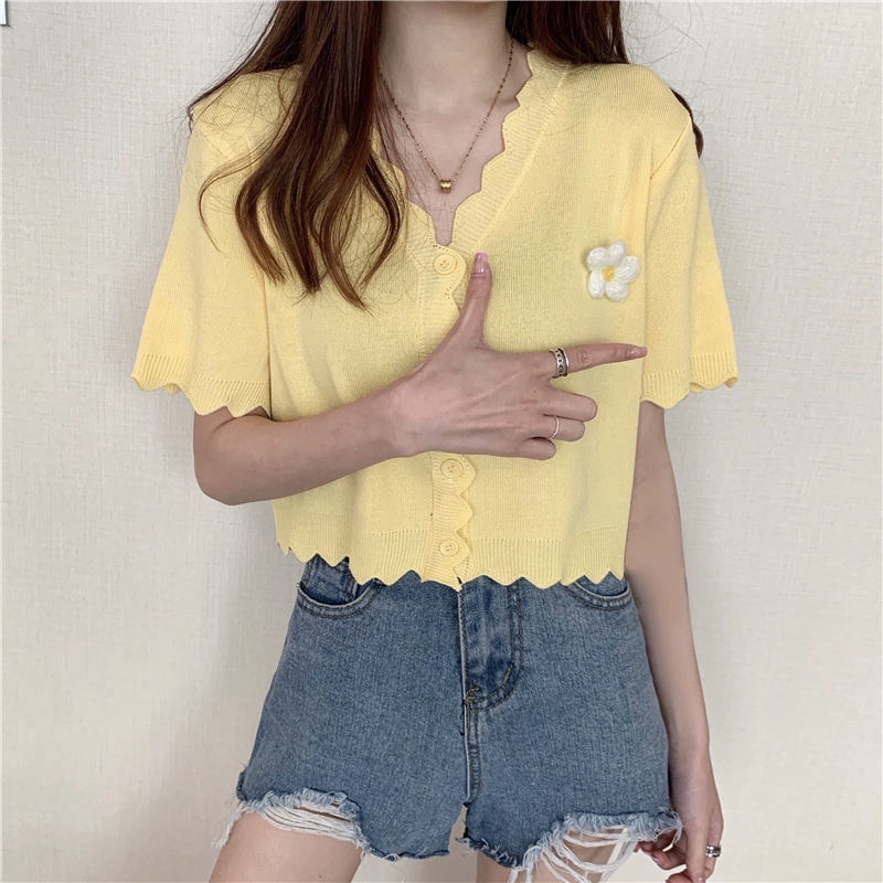 Crop Top Korean Style Wavy Knitted Short-sleeved Top Cardigan Chrysanthemum