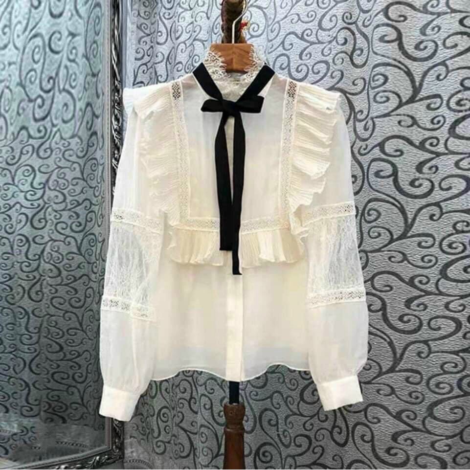 Áo sơ mi ren cột nơ phong cách tiểu thư thành đạt - Hàng loại 1