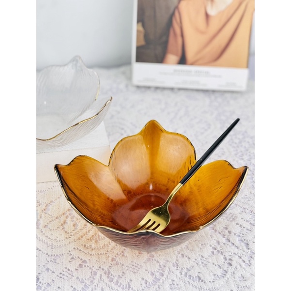 Bộ bát đĩa,chén dĩa ăn cơm,Bộ đồ ăn Thủy tinh viền vàng Màu vàng hổ phách Decor cao cấp